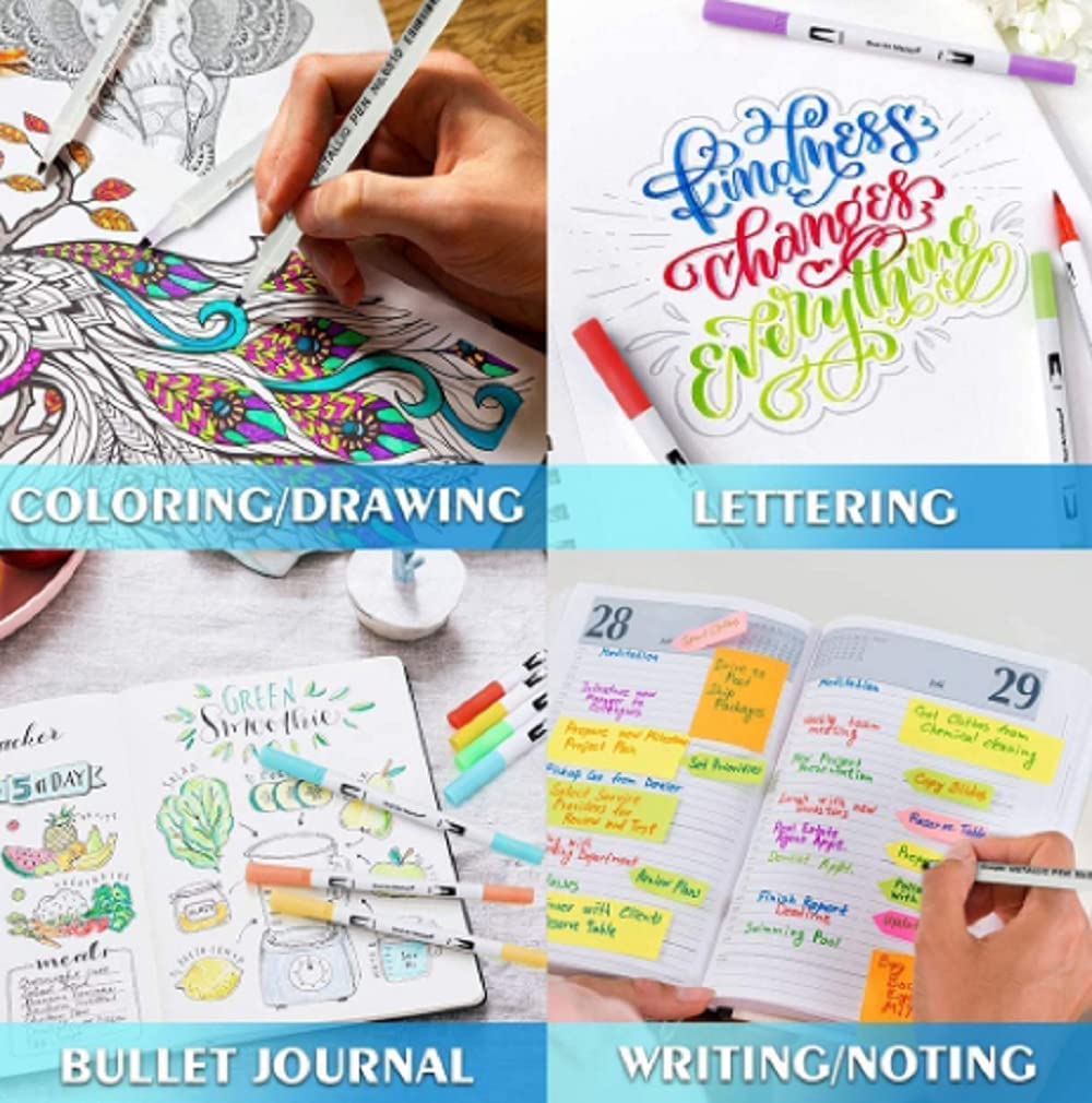 Qatalitic Set of 12 Dual Tip Brush Marker Pens, Brush Tip with Fine Liner 0.4 mm and Markers Pen with 1-2 mm Tip, Double Ended Painting Pen, Used for Drawing, Sketching