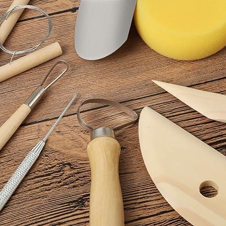 Qatalitic 8 Pcs Wooden Pottery Tool Kit with Sponge, for Sculpting Clay Tool Set, Includes Cutting, Modeling, Trimming, Smoothing, Cleaning, Carving and Shaping Tools