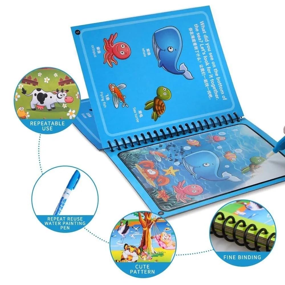 Qatalitic 4 Pcs Magic Water Coloring Books for Kids, Reusable Water Painting Drawing Book, with Doodle Pen, for Toddlers Aged 2-10 Years, Educational Toy for Growing Kids