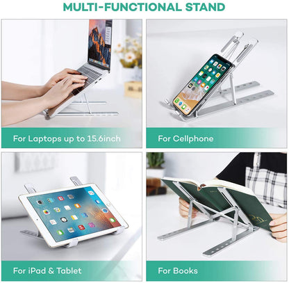 Qatalitic Portable Metal Frame Laptop Stand Holder, Multi Level Adjustable Aluminum Ergonomic Foldable Stand, OverHeating Protection for All Laptops and for Multifunction Use (Silver)