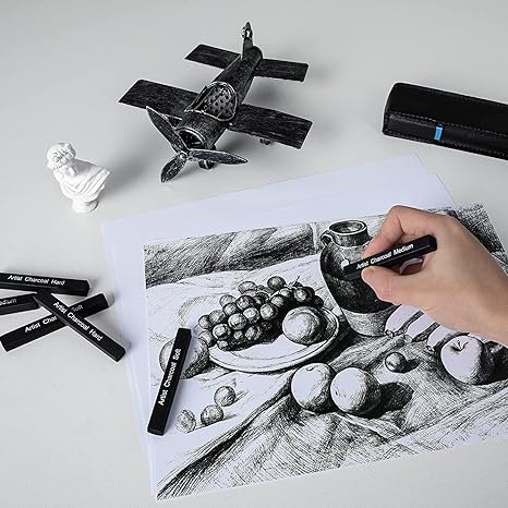 Qatalitic 6 PCS Compressed Charcoal Stick Drawing Charcoal Assorted Hard Medium Soft for Sketching, Drawing, Shading - Black