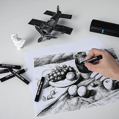 Qatalitic 6 PCS Compressed Charcoal Stick Drawing Charcoal Assorted Hard Medium Soft for Sketching, Drawing, Shading - Black