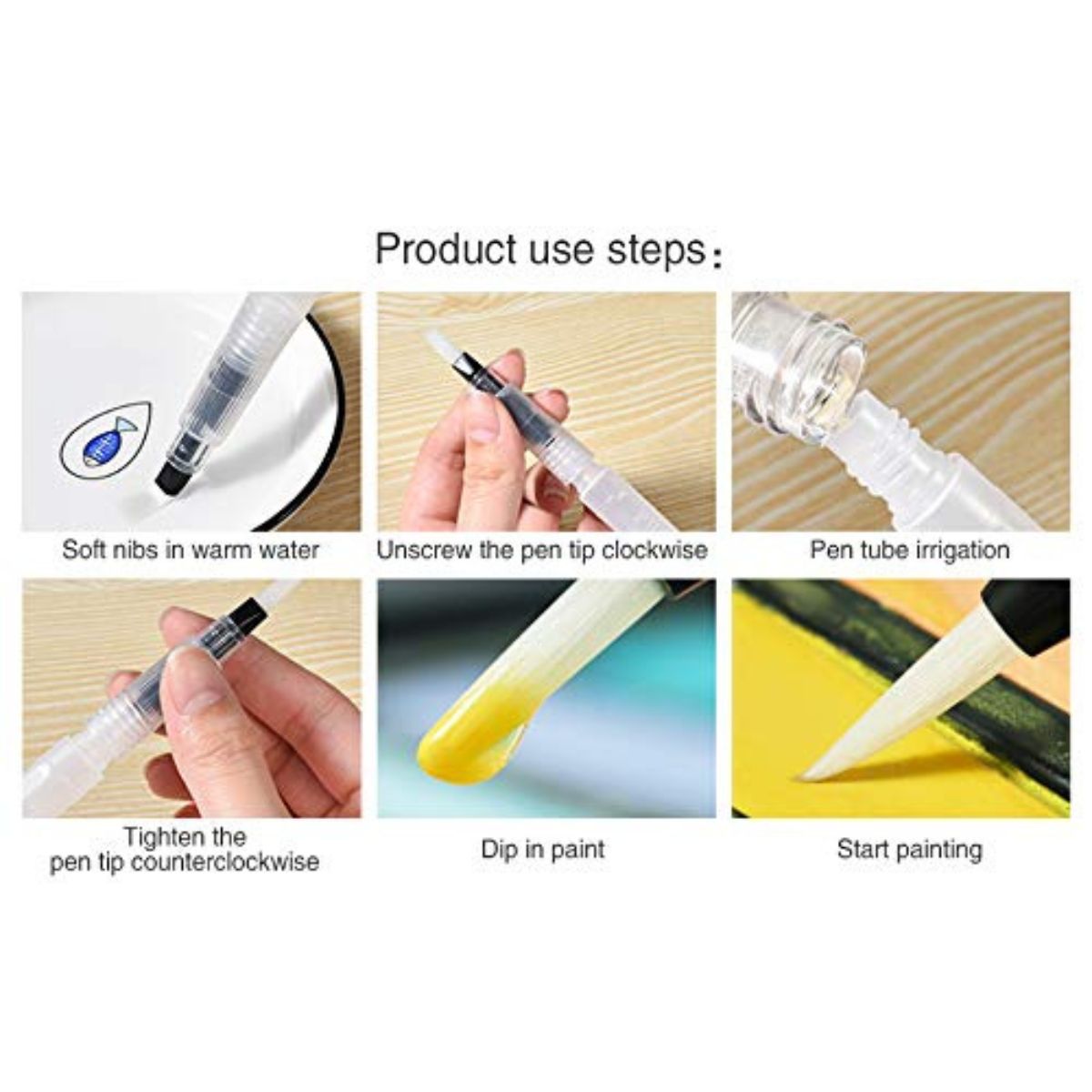 Water Brush Pens – Set of 6 Different Sizes (3 Round Tips and 3 Flat)