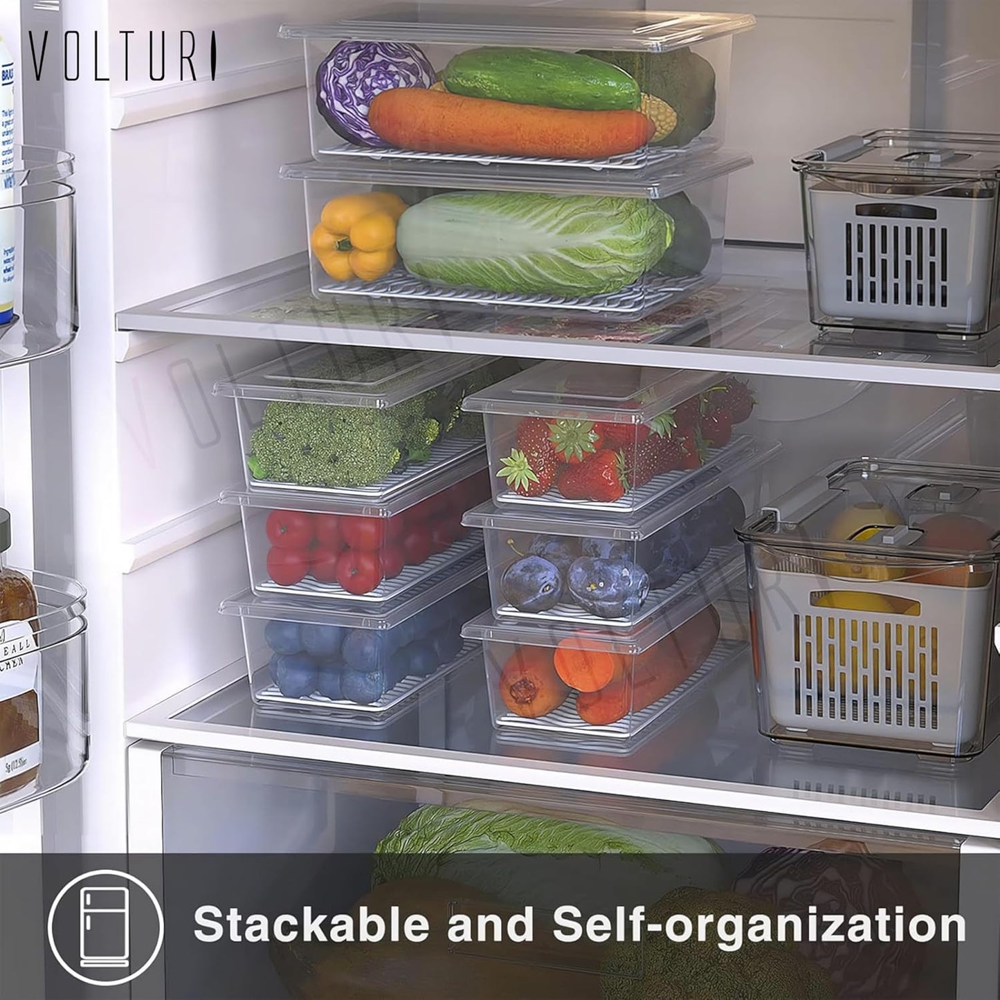 VOLTURI Fridge Storage Boxes (Pack of 6), Fridge Organisers with Removable Drain Plate, Fridge Storage Containers Keeps Fruits, Vegetables, Pantry Items Stackable, Space-Saving Storage Box Set, 1.5L