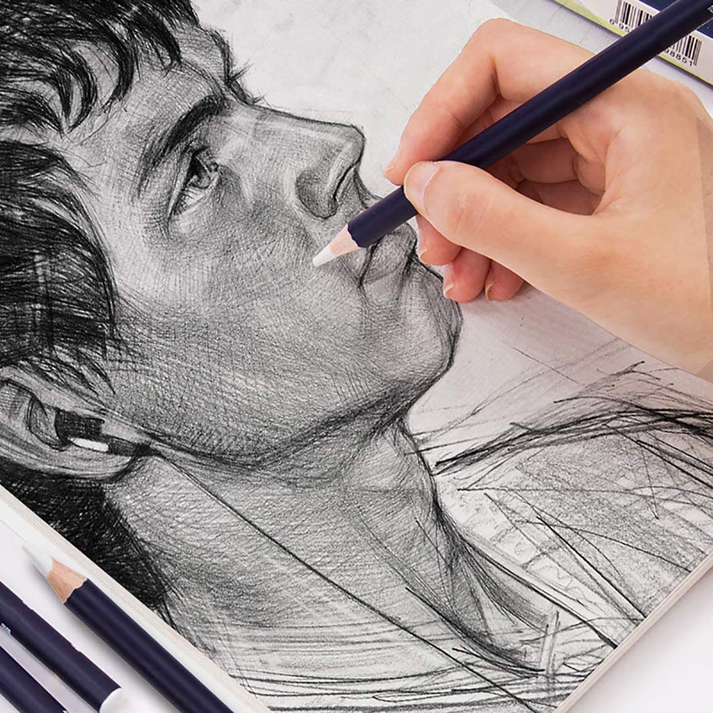 Qatalitic Artist Pencil Erasers - Set of 6,  Sharpenable, non toxic,  for Sketching & Drawing (White & Blue)