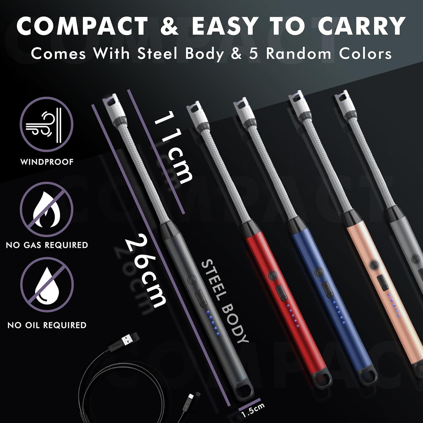 Qatalitic Rechargeable Electric Gas Lighter for Kitchen, Lighter for Gas Stove, Candles, Pooja, 1 Year Warranty, C-Type USB, Kitchen Tools, Multi Purpose - 360° Flexible & Windproof, Black