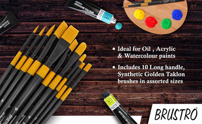 Qatalitic  Artists Gold Taklon Set of 10 Brushes for Acrylics, Oil and Watercolour.