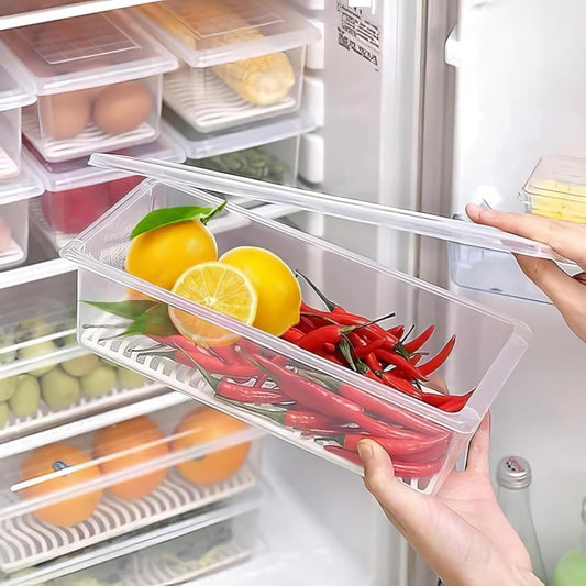 Qatalitic Fridge Storage Containers (Pack of 6), Fridge Organiser Storage Boxes with Removable Drain Plate, Lids, Stackable Organizer, Fridge Storage Box Keep Fruits, Vegetables Fresher, 1500 ML