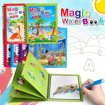 Qatalitic 4 Pcs Magic Water Coloring Books for Kids, Reusable Water Painting Drawing Book, with Doodle Pen, for Toddlers Aged 2-10 Years, Educational Toy for Growing Kids