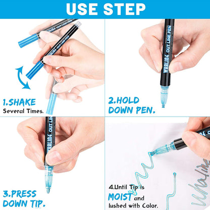 Whaline Double Line Chisel Point Outline Pens, 12 Colors Self-Outline Drawing Metallic Markers, Stationery for Gift Card Writing, Birthday Greeting, Scrap Booking