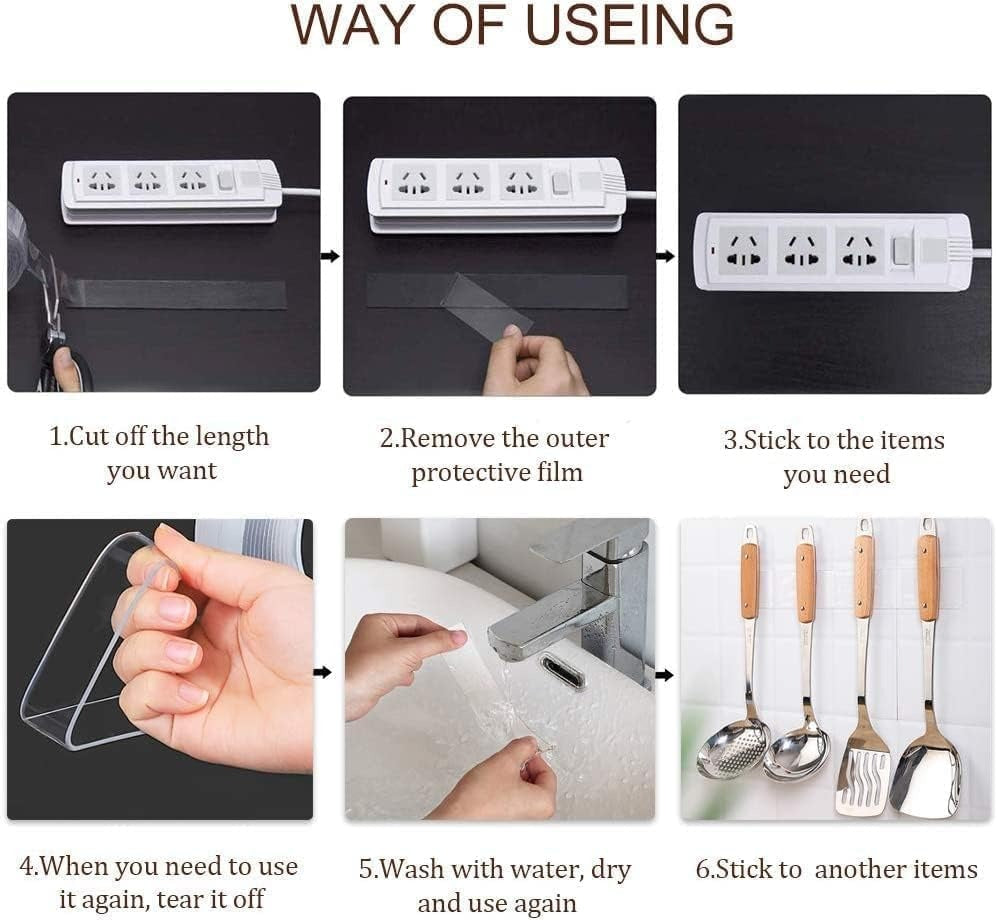 Qatalitic Double Sided Adhesive Tape 3 Meter Heavy Duty, Clear & Tough Nano Tape, Removable, Reusable and Washable, Heat Resistant, Multi-Functional Transparent Grip Tape for DIY Art & Craft, Mounting Tape for Kitchen, Home Decor