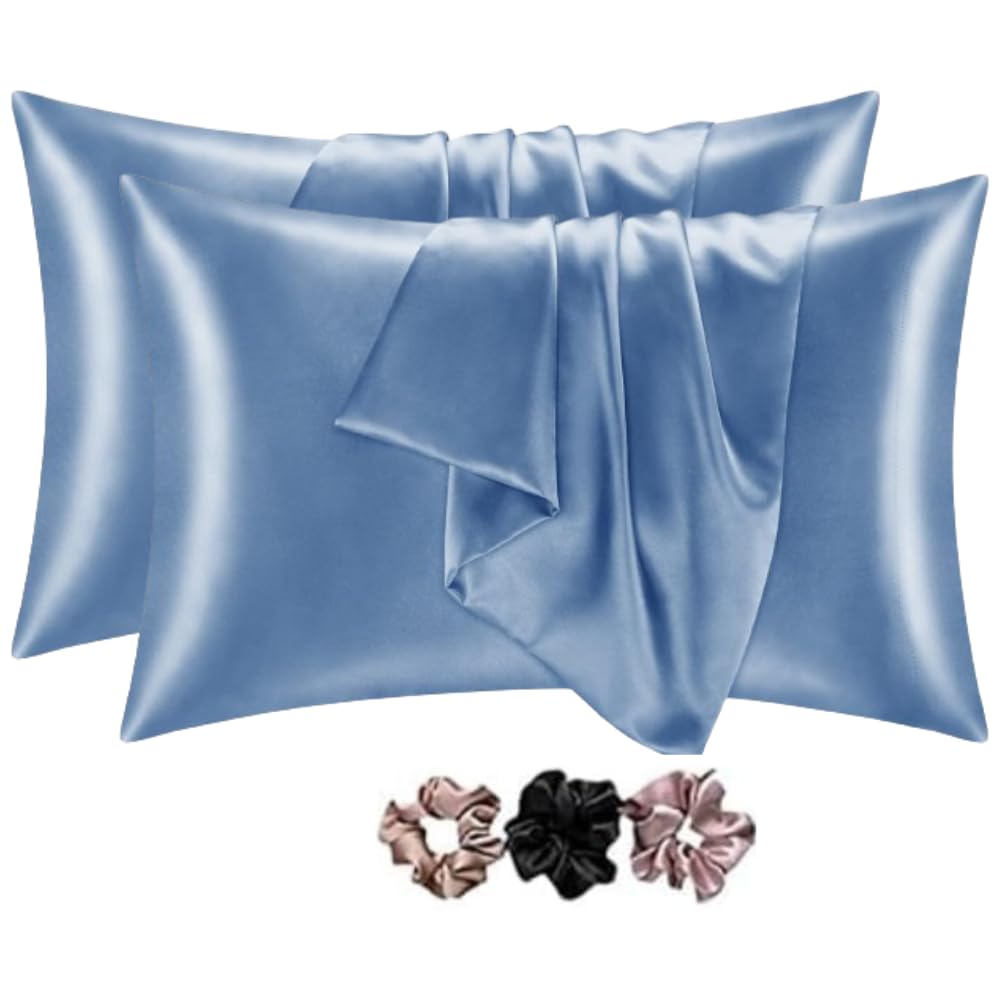 Verixpress Satin Silk Pillow Covers Pack of 2 for Hair and Skin-with Satin Scrunchies for Women Stylish|Satin Pillow Cover for Hair|scrunchies for Women 3-Piece|Silk Pillow case (Airy Blue)