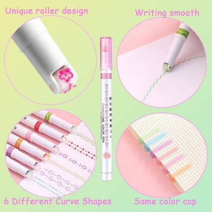 Veriexpress 6 Pcs Curve Highlighter Pen Set, Linear Roller Color Pens, Dual Tip Pens with Fine Tips and 6 Different Curve Shapes, Colorful Pattern, for Writing, Drawing