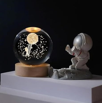 Verixpress 3D Astronaut Climbing Moon Crystal Ball Night Light with Wooden Base - LED USB Table Lamp for Kids, Teens, and Home Decor