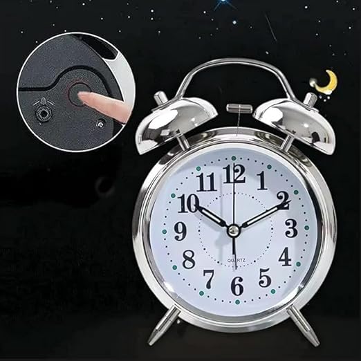 Veriexpress  Table Clock Retro Twin Bell Metal Frame Alarm Clock with Night Backlight Function & Silent Motion, High Volume Bedside Luminous Alarm for Bedroom/Office (Silver Clock) analog