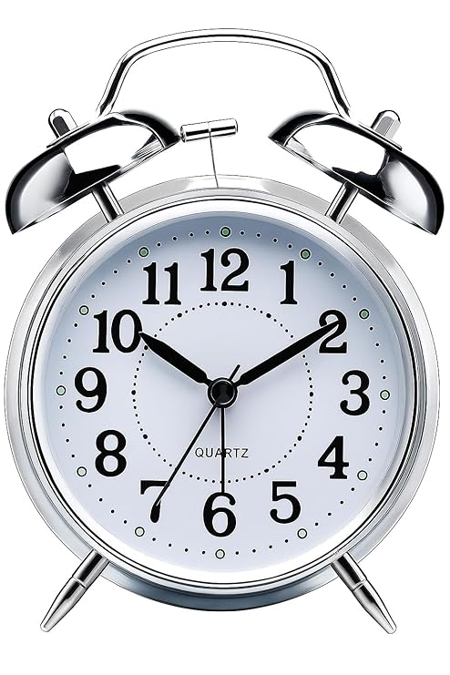 Veriexpress  Table Clock Retro Twin Bell Metal Frame Alarm Clock with Night Backlight Function & Silent Motion, High Volume Bedside Luminous Alarm for Bedroom/Office (Silver Clock) analog