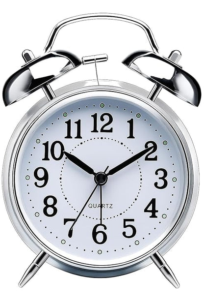 Veriexpress  Table Clock Retro Twin Bell Metal Frame Alarm Clock with Night Backlight Function & Silent Motion, High Volume Bedside Luminous Alarm for Bedroom/Office (Silver Clock) analog