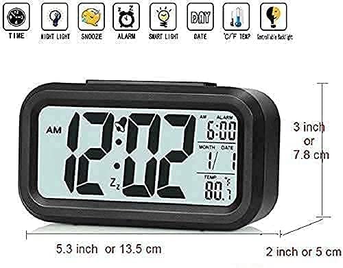 Qatalitic Digital Alarm Clock, Table Clock for Students, Home, Office, Corporate with Date,Indoor Temperature,Smart Night Light,LCD Electronic (Black Digital)