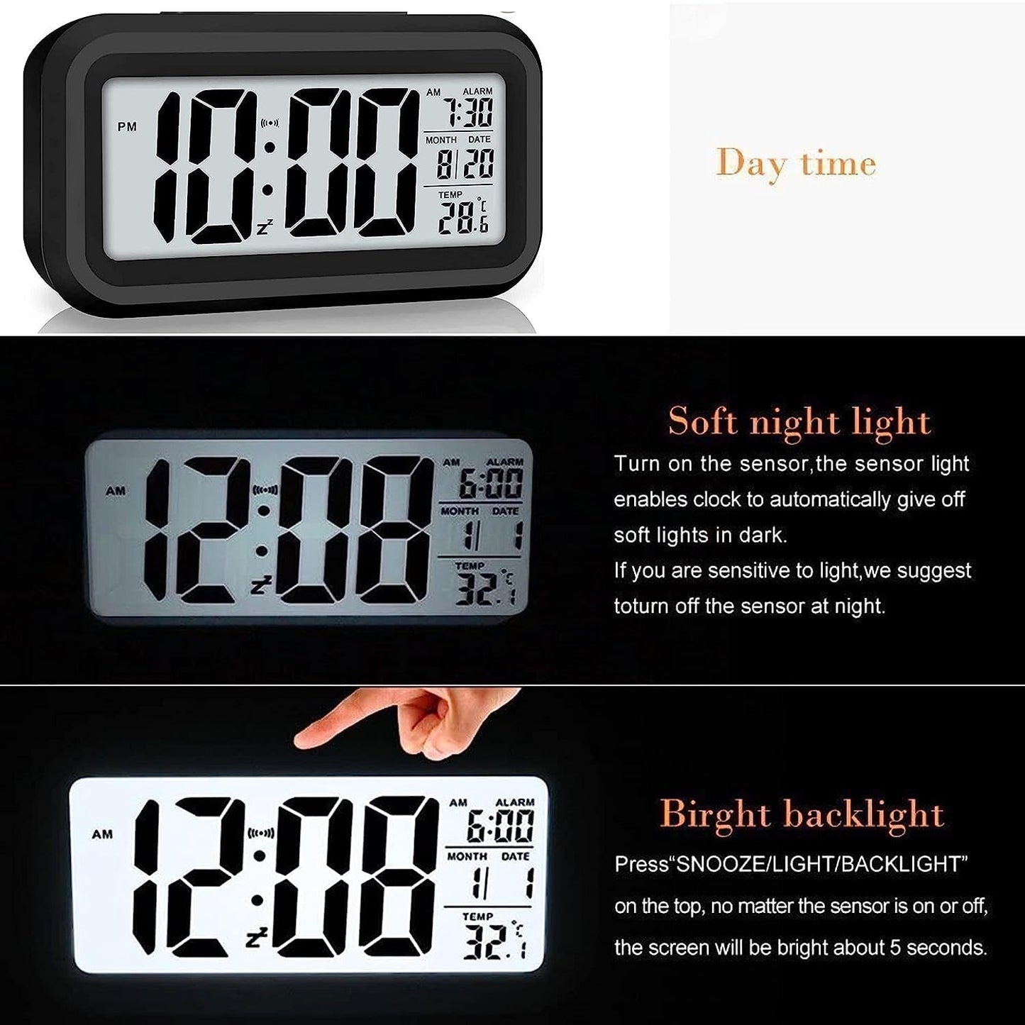 Qatalitic Digital Alarm Clock, Table Clock for Students, Home, Office, Corporate with Date,Indoor Temperature,Smart Night Light,LCD Electronic (Black Digital)