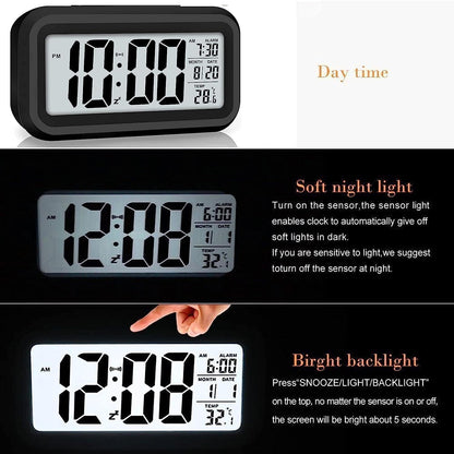 Qatalitic Digital Alarm Clock, Table Clock for Students, Home, Office, Corporate with Date,Indoor Temperature,Smart Night Light,LCD Electronic (Black Digital)