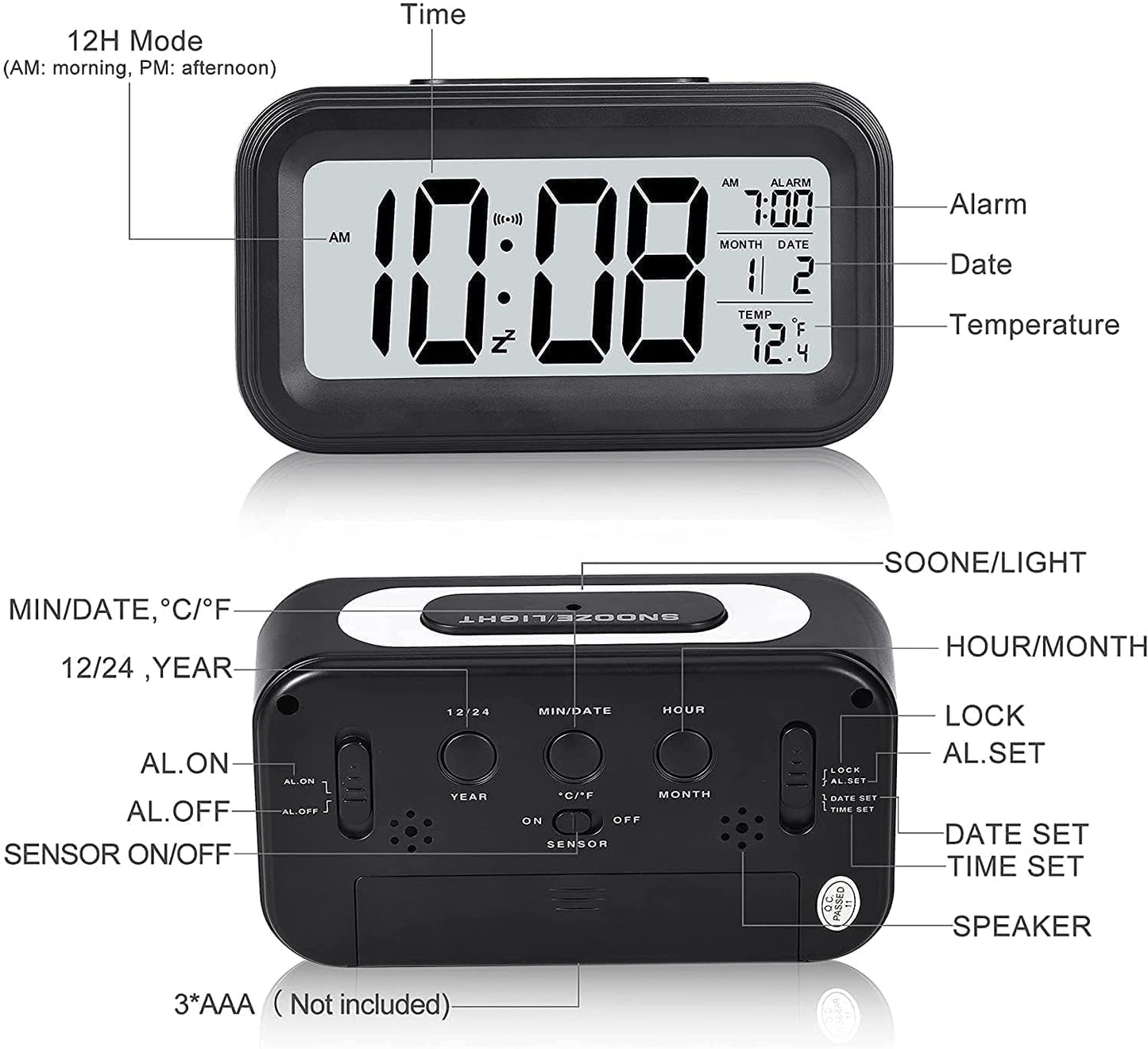 Qatalitic Digital Alarm Clock, Table Clock for Students, Home, Office, Corporate with Date,Indoor Temperature,Smart Night Light,LCD Electronic (Black Digital)