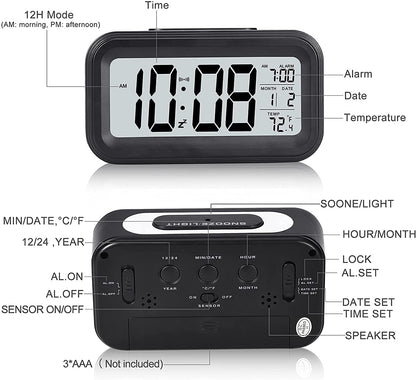 Qatalitic Digital Alarm Clock, Table Clock for Students, Home, Office, Corporate with Date,Indoor Temperature,Smart Night Light,LCD Electronic (Black Digital)