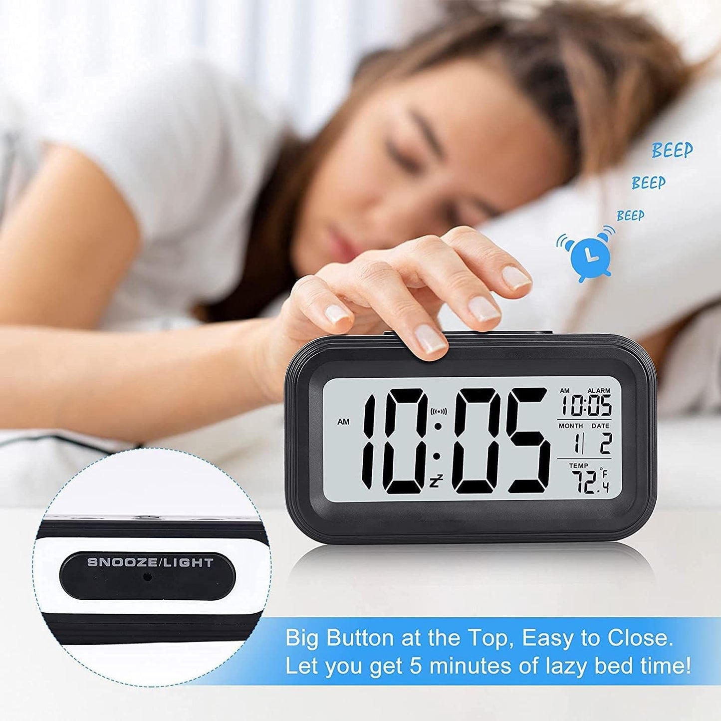 Qatalitic Digital Alarm Clock, Table Clock for Students, Home, Office, Corporate with Date,Indoor Temperature,Smart Night Light,LCD Electronic (Black Digital)