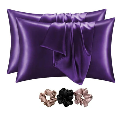 Verixpress Satin Silk Pillow Covers Pack of 2 for Hair and Skin-with Satin Scrunchies for Women Stylish|Satin Pillow Cover|scrunchies for Women 3-Piece|Silk Pillow case(Darkpurple)
