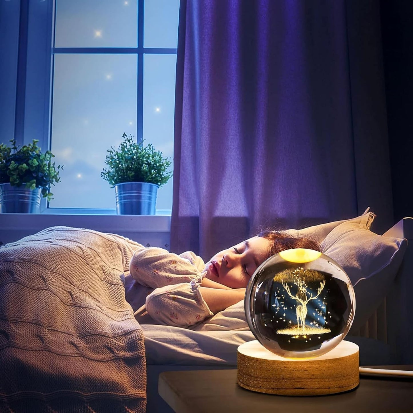 Verixpress Deer 3D Crystal Ball Night Light with Wooden Base - LED USB Table Lamp for Kids, Teens, and Home Decor
