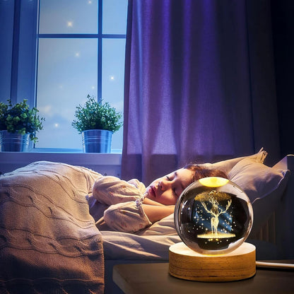 Verixpress Deer 3D Crystal Ball Night Light with Wooden Base - LED USB Table Lamp for Kids, Teens, and Home Decor