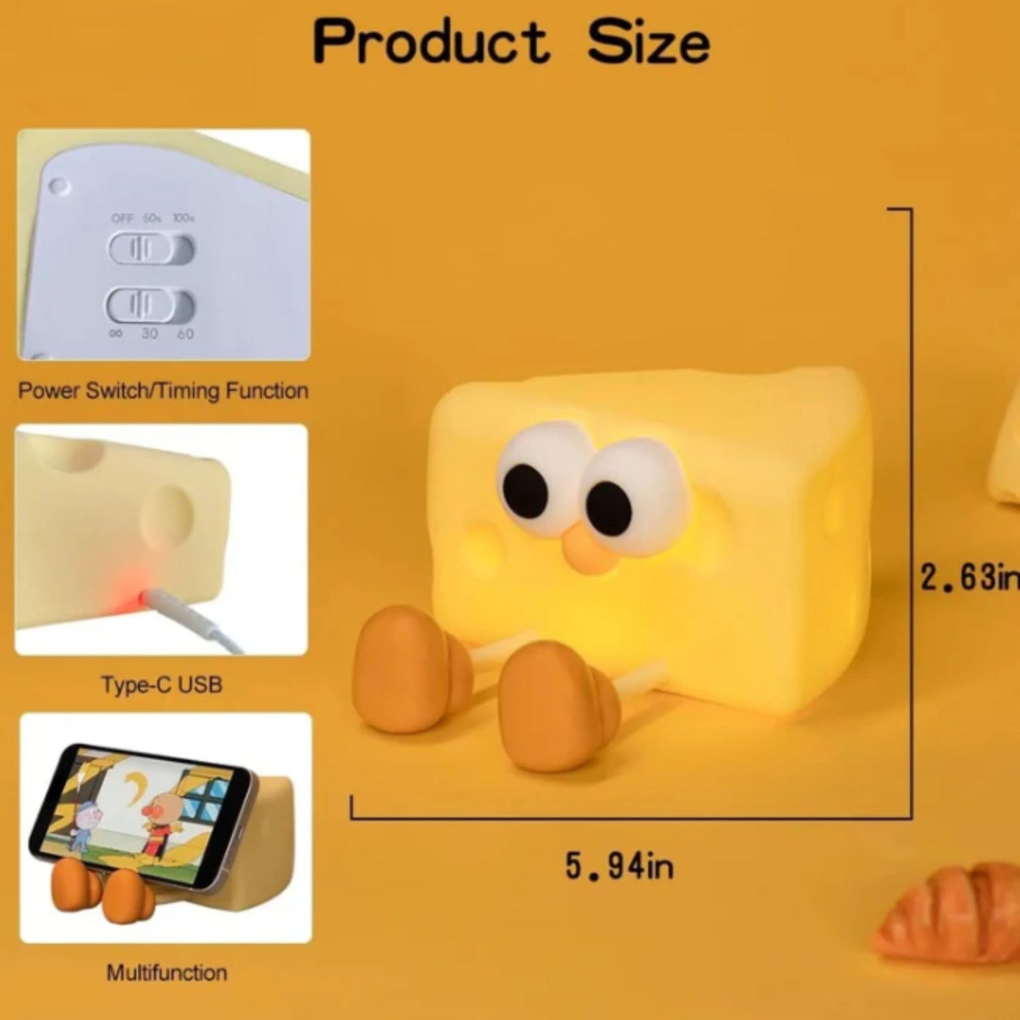 Veriexpress Cheese Rechargeable Silicone Night Lamp - Cheese Lamp, Kids Night Light, Nursery Decor, Birthday Gift, Silicone LED Light