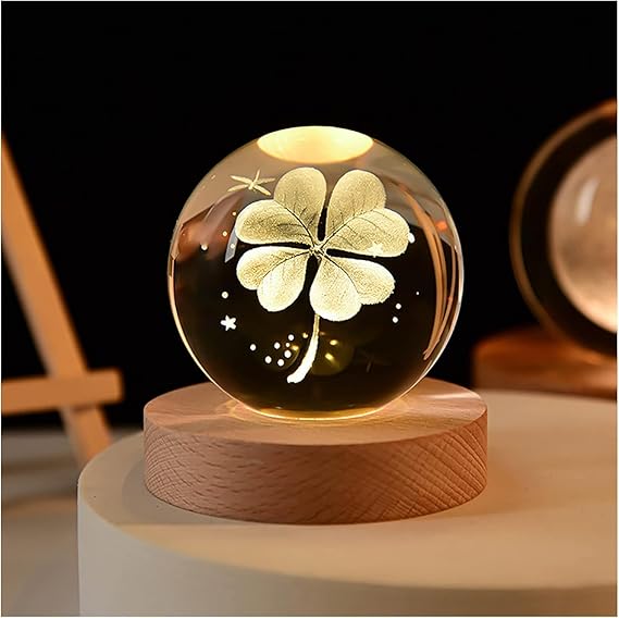 Verixpress Crystal Ball Night Light with Wooden Base | 3D Laser Engraved LED Decorative Lamp for Bedroom, Kids Room & Gifts | USB Powered Soft Warm Glow – Four Leaf Clover Design