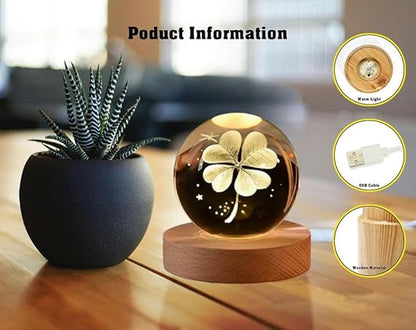 Verixpress Crystal Ball Night Light with Wooden Base | 3D Laser Engraved LED Decorative Lamp for Bedroom, Kids Room & Gifts | USB Powered Soft Warm Glow – Four Leaf Clover Design