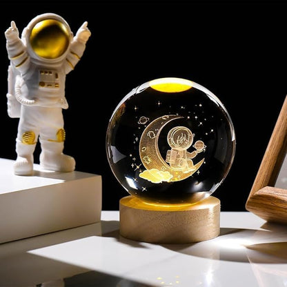 Verixpress 3D Moon Astronaut Crystal Ball Night Light with Wooden Base - LED USB Table Lamp for Kids, Teens, and Home Decor