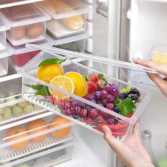 Verixpress Fridge Storage Containers (Pack of 6), Fridge Organiser Storage Boxes with Removable Drain Plate, Lids, Stackable Organizer, Fridge Storage Box Keep Fruits, Vegetables Fresher