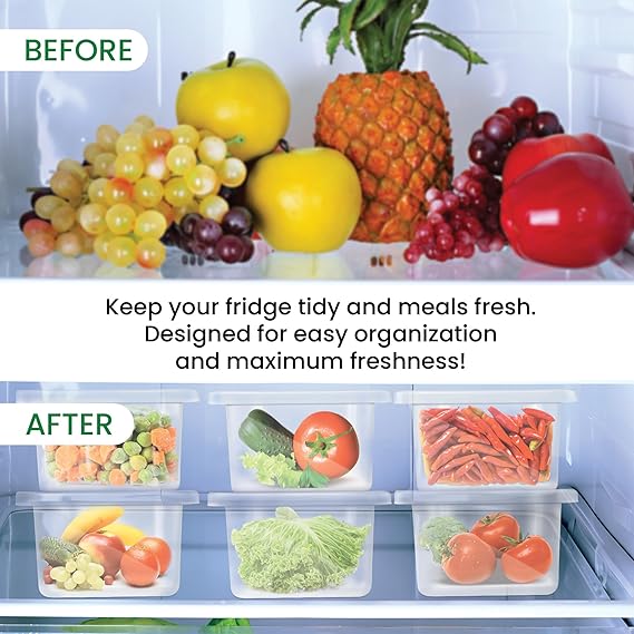 Verixpress Fridge Storage Containers (Pack of 6), Fridge Organiser Storage Boxes with Removable Drain Plate, Lids, Stackable Organizer, Fridge Storage Box Keep Fruits, Vegetables Fresher