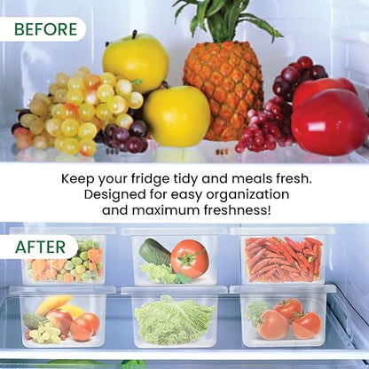 Verixpress Fridge Storage Containers (Pack of 6), Fridge Organiser Storage Boxes with Removable Drain Plate, Lids, Stackable Organizer, Fridge Storage Box Keep Fruits, Vegetables Fresher