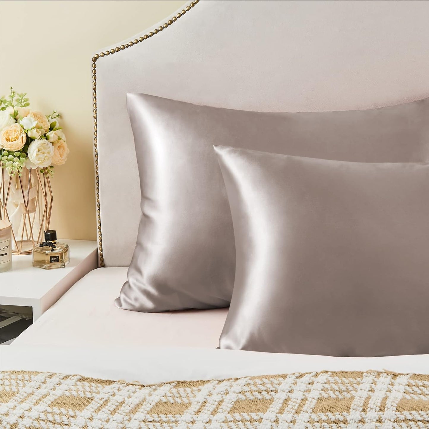 Verixpress Satin Silk Pillow Covers Pack of 2 for Hair and Skin-with Satin Scrunchies for Women Stylish|Satin Pillow coves for Hair and Skin |scrunchies for Women 3-Piece|Silk Pillow case (New Rose)