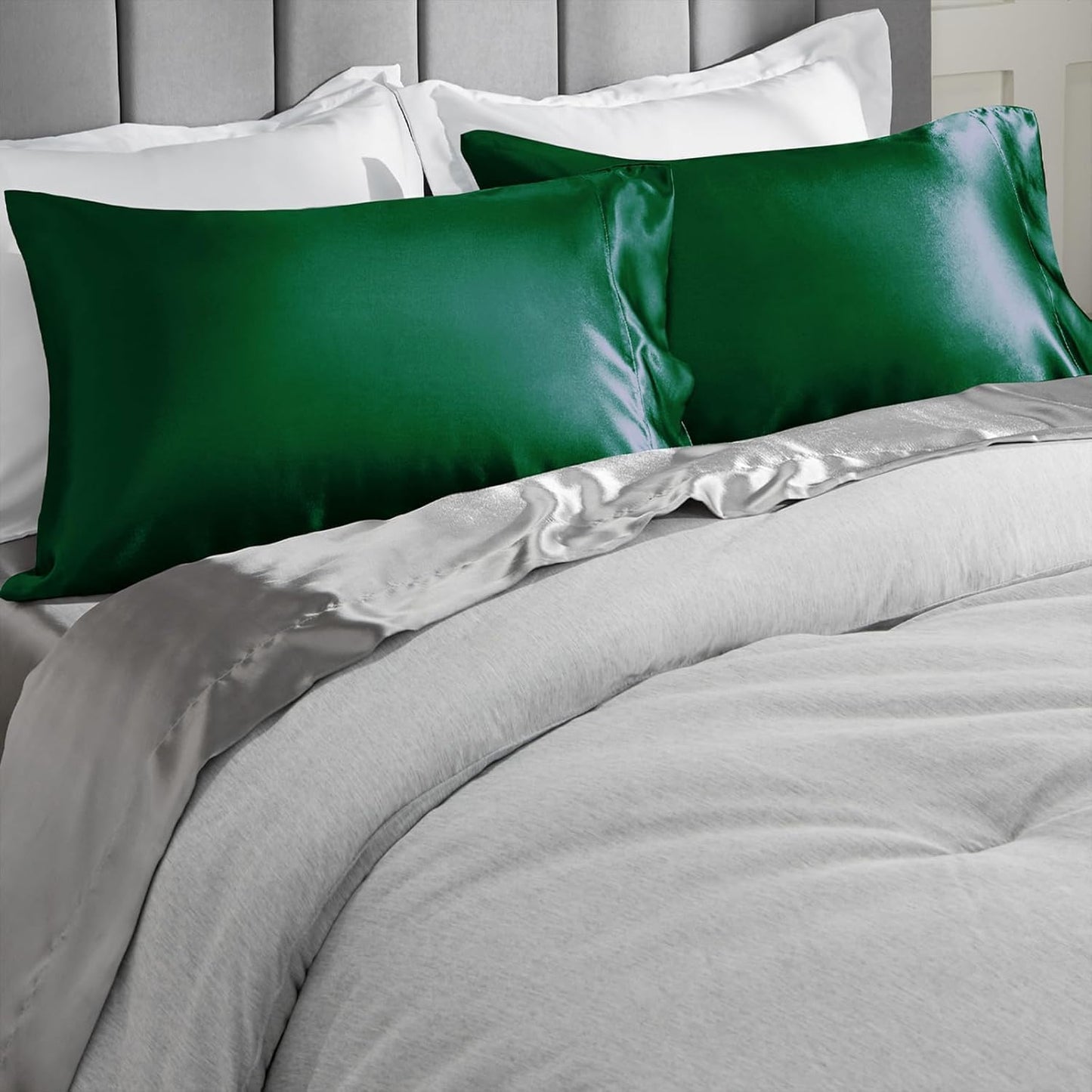 Verixpress Satin Silk Pillow Covers Pack of 2 for Hair and Skin-with Satin Scrunchies for Women Stylish|Satin Pillow coer for Hair and Skin|scrunchies for Women 3-Piece|Silk Pillow case (Green)