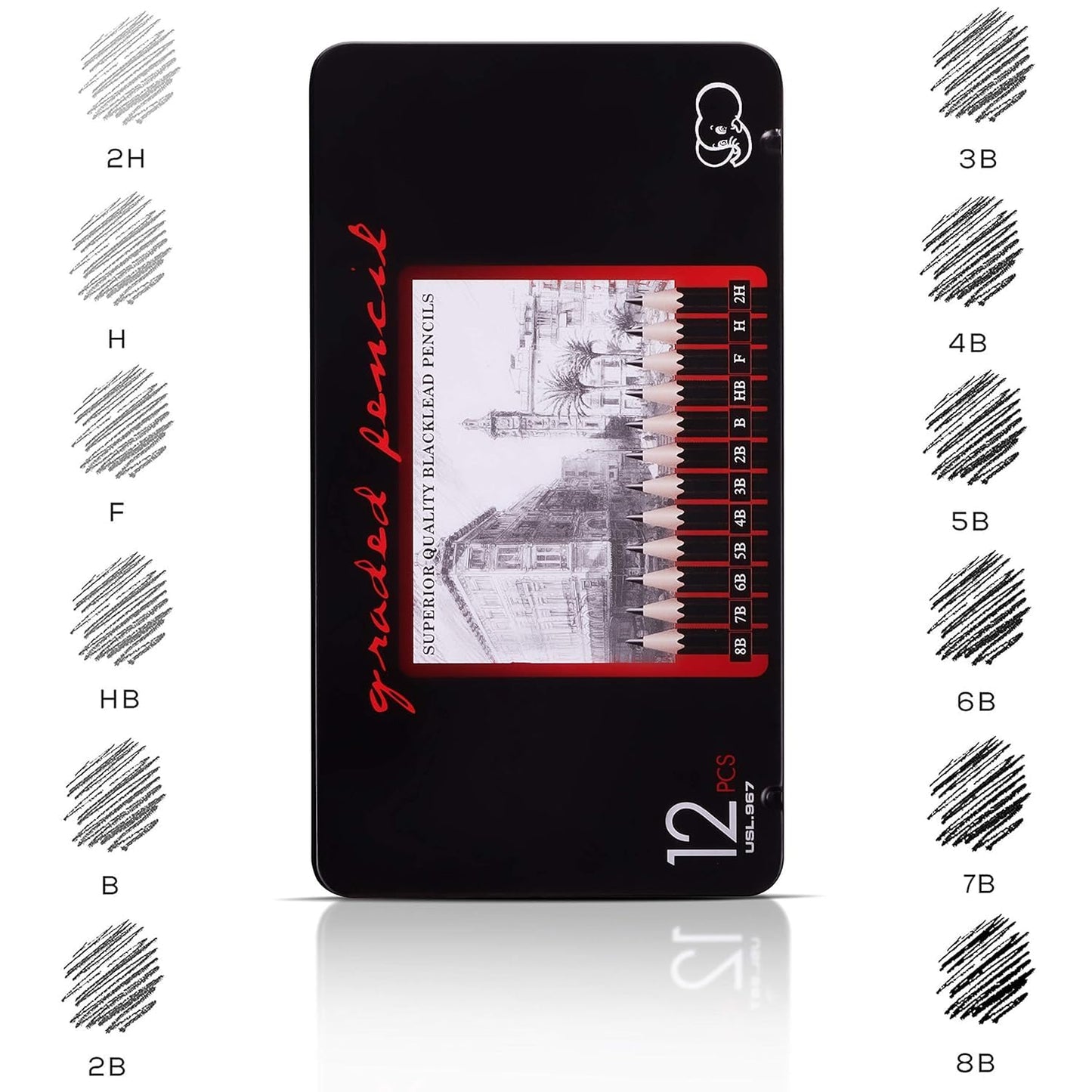 Qatalitic 12 Pcs Artist Sketch Pencils, Graphite Pencil Set, with Metal Case for Sketching, Drawing, and Shading (2H, H, F, HB, B, 2B, 3B, 4B, 5B, 6B, 7B, 8B)