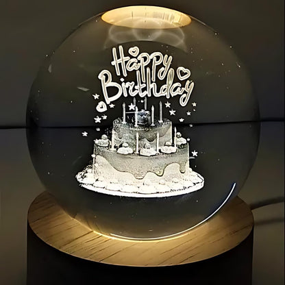 Verixpress 3D Crystal Happy Birthday Lamp Engraved Crystal Ball LED Night Light with Wooden Base - USB Powered Glass Ball Led Night Light Table Lamp for Kids.