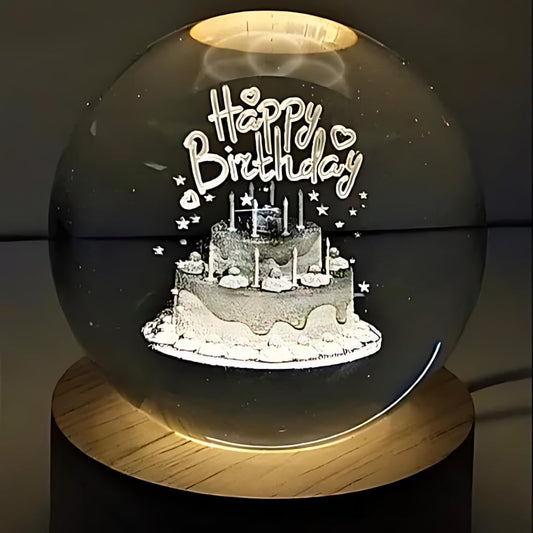 Verixpress 3D Crystal Happy Birthday Lamp Engraved Crystal Ball LED Night Light with Wooden Base - USB Powered Glass Ball Led Night Light Table Lamp for Kids.