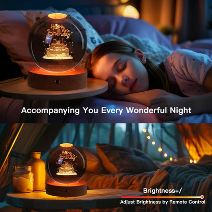 Verixpress 3D Crystal Happy Birthday Lamp Engraved Crystal Ball LED Night Light with Wooden Base - USB Powered Glass Ball Led Night Light Table Lamp for Kids.