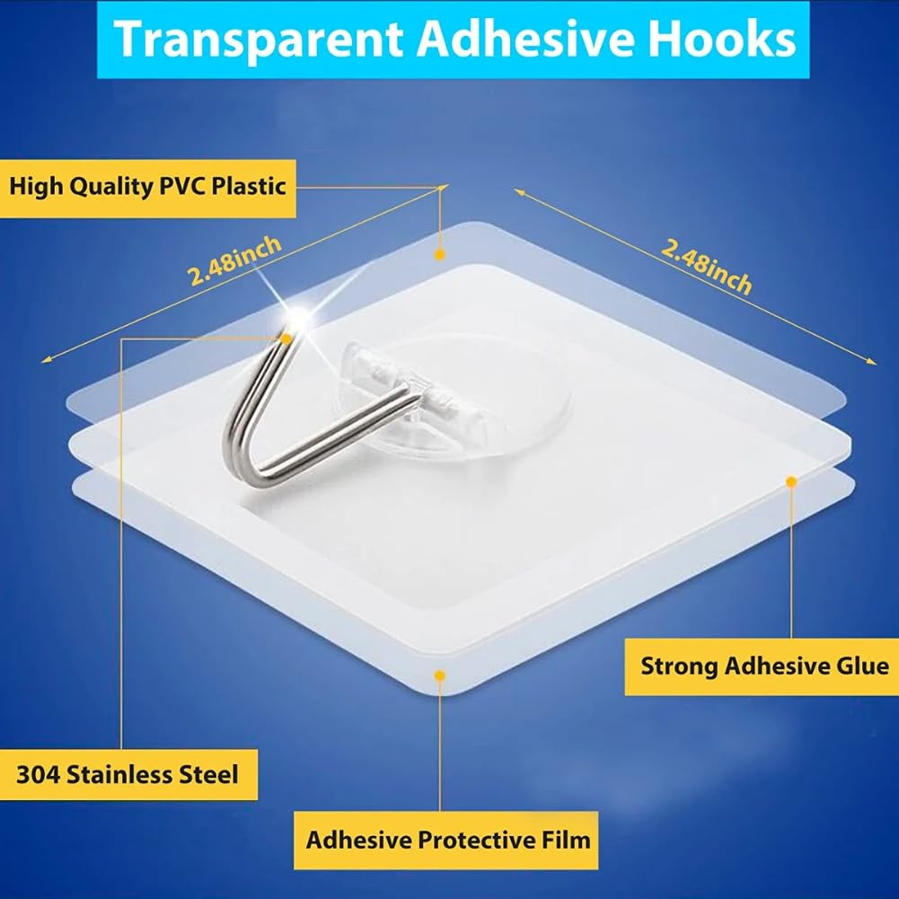 Verixpress 50 Pcs Self Adhesive Hooks for Secure Wall Hanging - Clocks, and More - Transparent, Heavy-Duty, No-Drill Solution