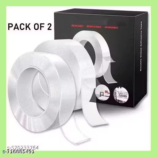 Qatalitic 2 Pcs Double Sided Adhesive Tape 3 Metre Heavy Duty, Clear & Tough Nano, Removable, Reusable and Washable Transparent Adhesive Tape for DIY Art & Craft
