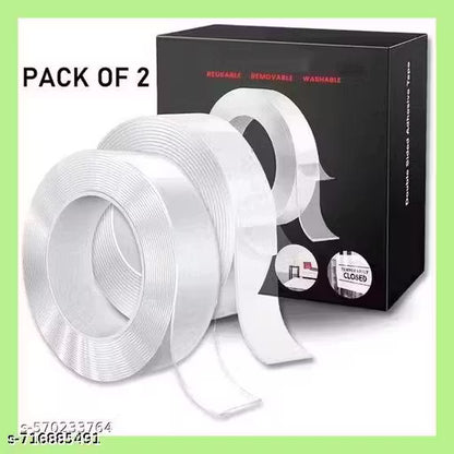 Qatalitic 2 Pcs Double Sided Adhesive Tape 3 Metre Heavy Duty, Clear & Tough Nano, Removable, Reusable and Washable Transparent Adhesive Tape for DIY Art & Craft