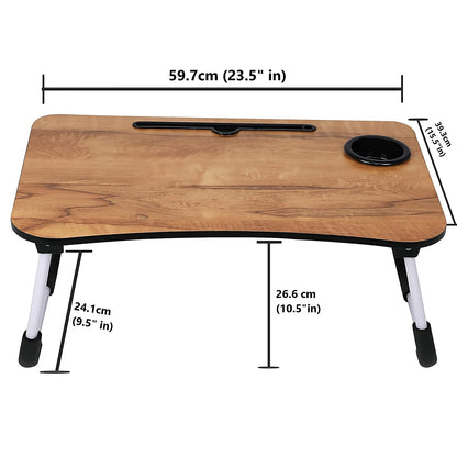 Qatalitic Wooden Foldable Laptop Table, Multi-Purpose Laptop Desk for Study and Reading, Non-Slip Legs Reading Table Tray & Lapdesk with Cup Holder for Bed Sofa Couch Floor - (Brown)