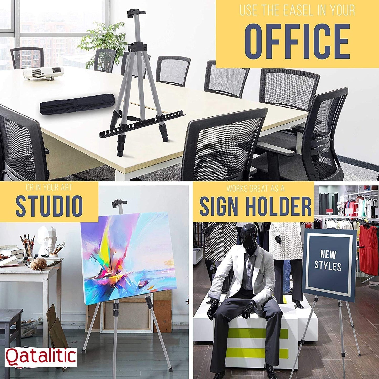 Qatalitic Portable Lightweight Tripod Easel for Professional Artist's, Metal Display Easel Stand with Adjustable Height with Nylon Carry Case for Painting, Display and Advertisement Purposes
