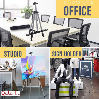 Qatalitic Portable Lightweight Tripod Easel for Professional Artist's, Metal Display Easel Stand with Adjustable Height with Nylon Carry Case for Painting, Display and Advertisement Purposes