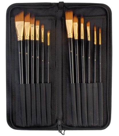 Qatalitic Set of 12 Professional & Exclusive Fine Art Long Handled Premium Paint Brush Set & Zippered Carry Bag with Pop Up Stands for Oil Acrylic Watercolor Painting